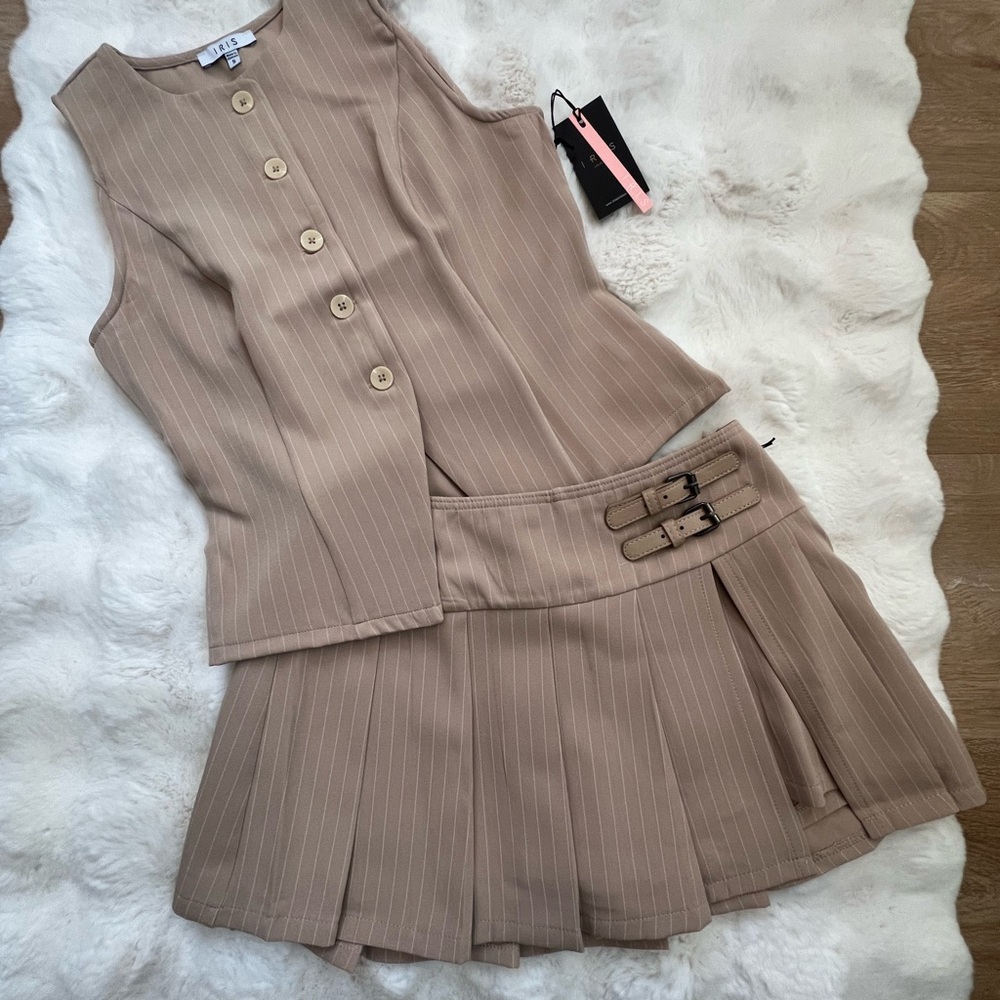 Tan Pinstripe Sleeveless Top and Skirt Set